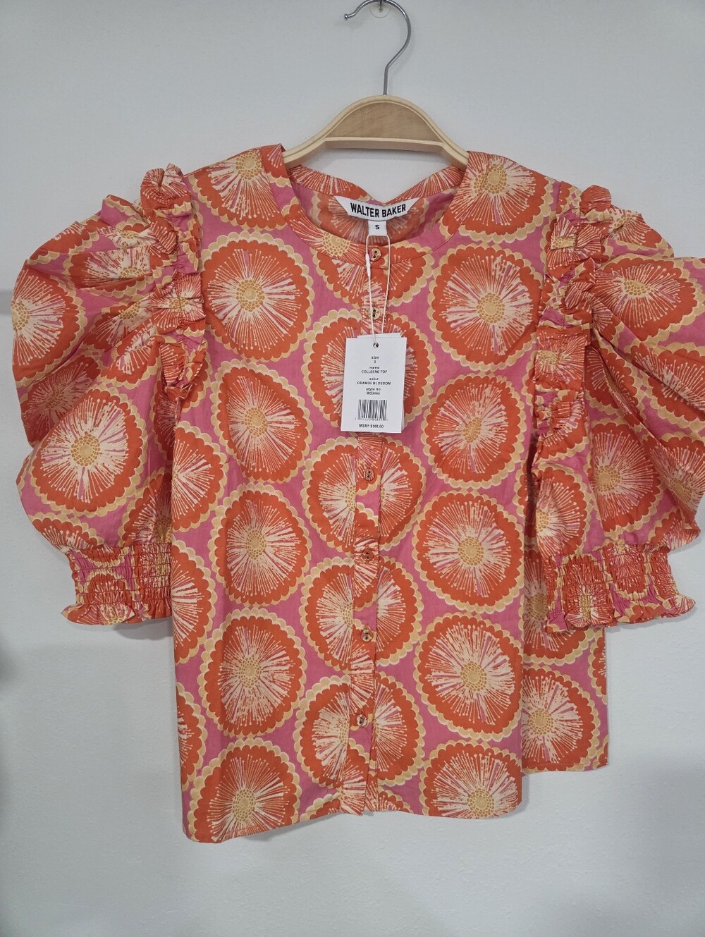 Walter Baker Colleene Top Pink and Orange Floral Puff-Sleeve Blouse